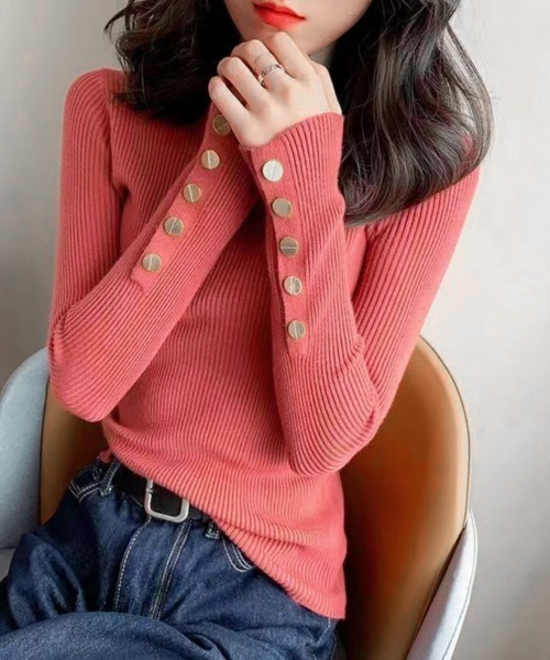 Miniministore(ミニミニストア)の「袖ボタン リブニットトップス レディース(ニット/セーター・レディース・グレー/ブラック/レッド系/ホワイト/ベビーピンク・FREE)」の14枚目の写真