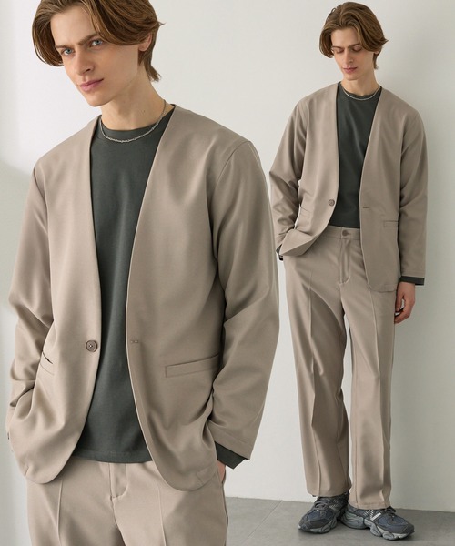 EASENCE(イーズエンス)の「【EASENCE】パウダーツイル セットアップ ノーカラージャケット&ワイドパンツ<イージードライ/マシンウォッシャブル>(セットアップ・メンズ・ブラック/グレイッシュベージュ/ダークグレー/ダークネイビー/ライトグレー・S/M/L)」の4枚目の写真