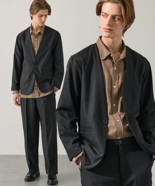 EASENCE(イーズエンス)の「【EASENCE】パウダーツイル セットアップ ノーカラージャケット&ワイドパンツ<イージードライ/マシンウォッシャブル>(セットアップ・メンズ・ブラック/グレイッシュベージュ/ダークグレー/ダークネイビー/ライトグレー・S/M/L)」の2枚目の写真