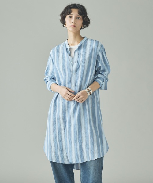 美品　カレンソロジー ストライプ スクエアシャツ ドルマンスリーブ　バンドカラー Curensology(カレンソロジー)/＜C.S.G＞ストライプバンドカラーロング
