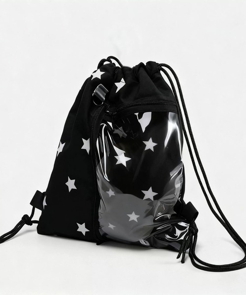 Teem Store(チームストア)の「【大容量】【A4サイズ対応】【推し活】【ユニセックス】クリアポケット付き 韓国風星柄ナップサック Y2K ぬい活(バックパック/リュック・レディース・ブラック/ホワイト・F)」の10枚目の写真