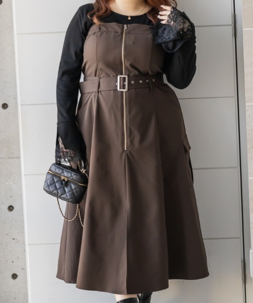 CLETTE(クレット)の「CLETTEオリジナルフロントジップ2WAYベルトワンピース(ワンピース・レディース・カーキ/ブラック/ワイン・LL/4L/3L)」の1枚目の写真