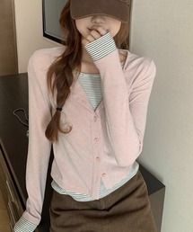 ボーダーレイヤード風フロントボタントップス