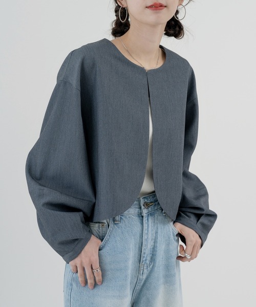 refinedworks(リファインドワークス)の「【refinedworks】セットアップ 対応◎ ランタン袖ジャケット(ノーカラージャケット・レディース・チャコールグレー/ブラック・FREE)」の22枚目の写真