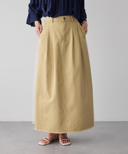Editt by YECCA VECCA（エディットバイイェッカヴェッカ）の「異素材MIXロングスカート（スカート・レディース・ベージュ/カーキ・FREE）」の3枚目の写真