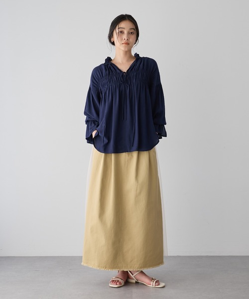 Editt by YECCA VECCA（エディットバイイェッカヴェッカ）の「異素材MIXロングスカート（スカート・レディース・ベージュ/カーキ・FREE）」の4枚目の写真