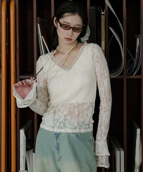 Ezick（エジック）の「combination lace frill Vネックレースパッド付きインナーセット（Tシャツ/カットソー・レディース・ブラック/アイボリー・FREE）」の19枚目の写真