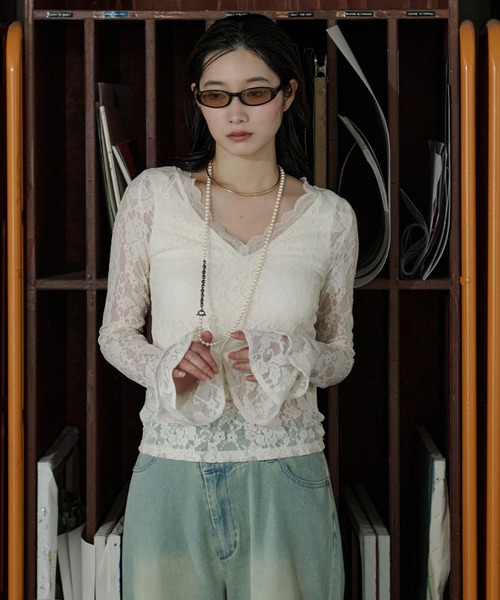 Ezick（エジック）の「combination lace frill Vネックレースパッド付きインナーセット（Tシャツ/カットソー・レディース・ブラック/アイボリー・FREE）」の22枚目の写真