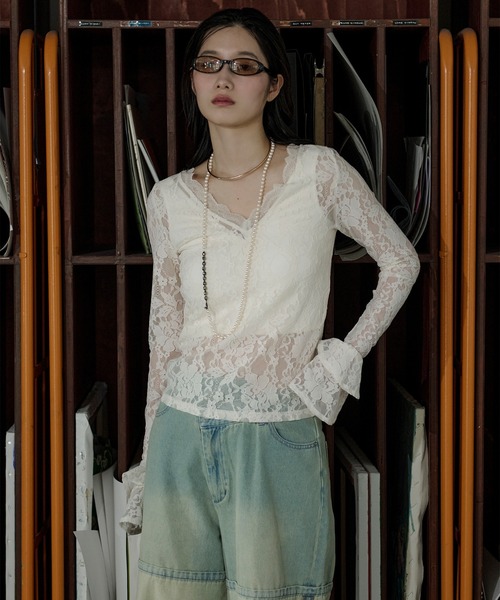 Ezick（エジック）の「combination lace frill Vネックレースパッド付きインナーセット（Tシャツ/カットソー・レディース・ブラック/アイボリー・FREE）」の21枚目の写真