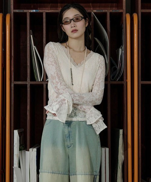 Ezick（エジック）の「combination lace frill Vネックレースパッド付きインナーセット（Tシャツ/カットソー・レディース・ブラック/アイボリー・FREE）」の18枚目の写真