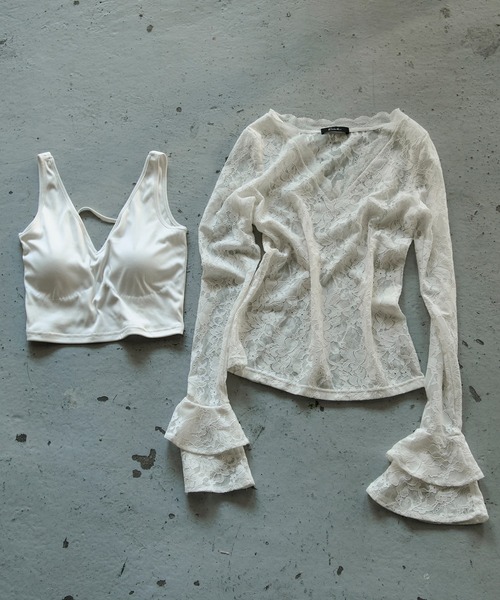 Ezick（エジック）の「combination lace frill Vネックレースパッド付きインナーセット（Tシャツ/カットソー・レディース・ブラック/アイボリー・FREE）」の3枚目の写真