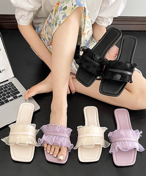 Miniministore（ミニミニストア）の「シアーフリルフラットサンダルスクエアトゥ（サンダル・レディース・ブラック/アイボリー/ラベンダー・24.5cm/23.5cm/25.0cm/24.0cm/23.0cm）」の20枚目の写真