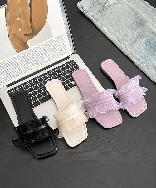 Miniministore（ミニミニストア）の「シアーフリルフラットサンダルスクエアトゥ（サンダル・レディース・ブラック/アイボリー/ラベンダー・24.5cm/23.5cm/25.0cm/24.0cm/23.0cm）」の22枚目の写真