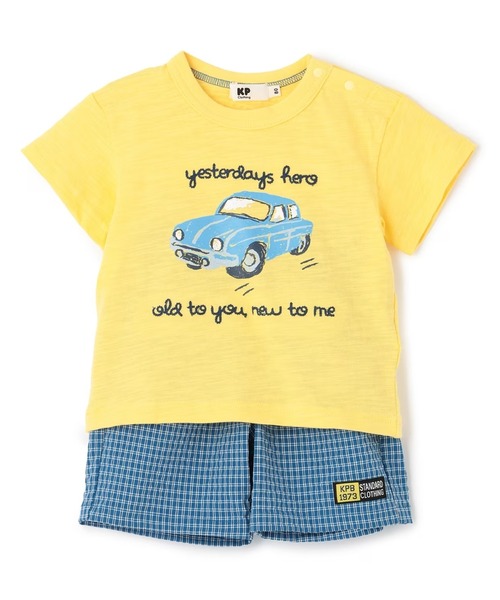KP BOY（ケーピーボーイ）の「車T×チェックハーフパンツ セット（Tシャツ/カットソー・キッズ・イエロー/オフホワイト・100cm/120cm/80ｃｍ/90cm/110cm）」の2枚目の写真