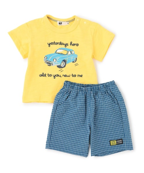 KP BOY（ケーピーボーイ）の「車T×チェックハーフパンツ セット（Tシャツ/カットソー・キッズ・イエロー/オフホワイト・100cm/120cm/80ｃｍ/90cm/110cm）」の4枚目の写真