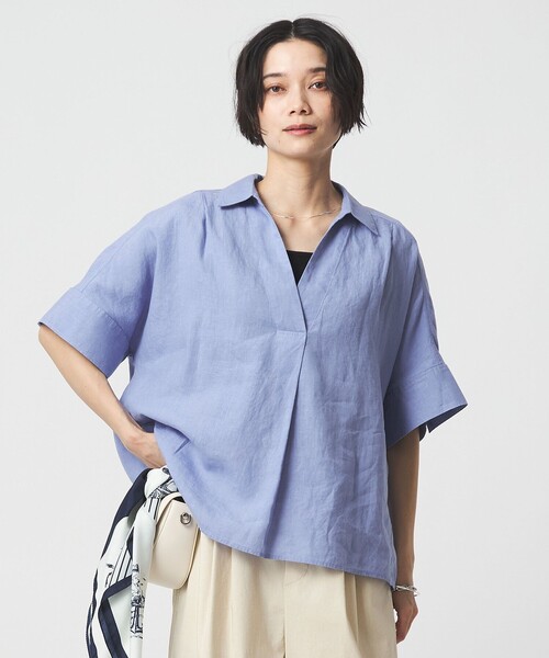 green label relaxing(グリーンレーベルリラクシング)の「リネン スキッパー ショートスリーブ シャツ(シャツ/ブラウス・レディース・ライトブルー/ナチュラル/ダークグレー/ブラウン・FREE)」の4枚目の写真
