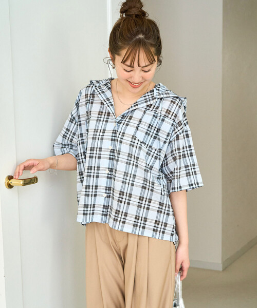 FREAK'S STORE(フリークスストア)の「限定展開 シアー チェック フード ショート ボタン シャツ(シャツ/ブラウス・レディース・サックスブルー/ネイビー/ベージュ・フリ-)」の22枚目の写真