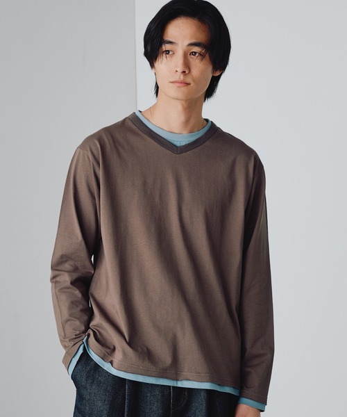 Adoon plain（アドーンプレーン）の「Shallow V-Neck Long Sleeve T / 浅VネックレイヤードライクロンT（Tシャツ/カットソー・メンズ・ネイビー/ブラウン/チャコールグレー・MEDIUM/LARGE）」の3枚目の写真