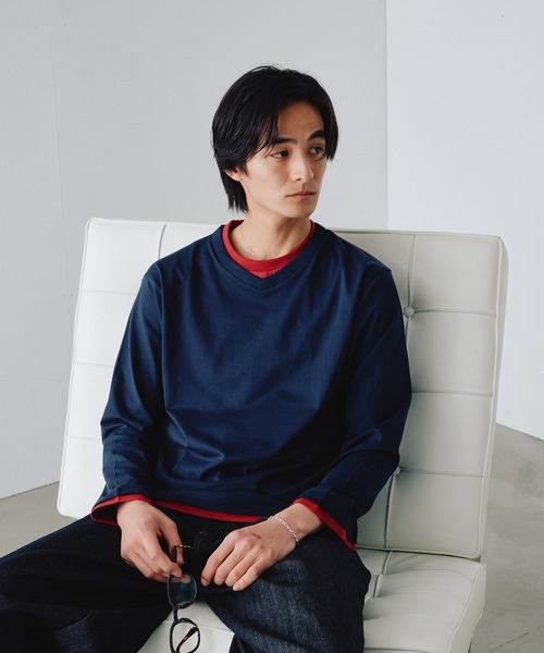 Adoon plain（アドーンプレーン）の「Shallow V-Neck Long Sleeve T / 浅VネックレイヤードライクロンT（Tシャツ/カットソー・メンズ・ネイビー/ブラウン/チャコールグレー・MEDIUM/LARGE）」の4枚目の写真