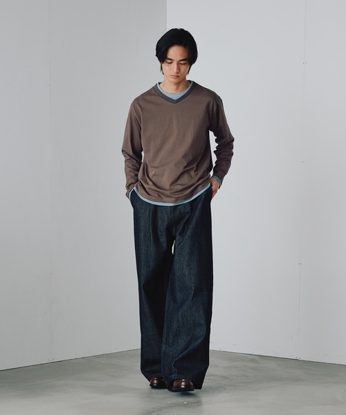 Adoon plain（アドーンプレーン）の「Shallow V-Neck Long Sleeve T / 浅VネックレイヤードライクロンT（Tシャツ/カットソー・メンズ・ネイビー/ブラウン/チャコールグレー・MEDIUM/LARGE）」の10枚目の写真