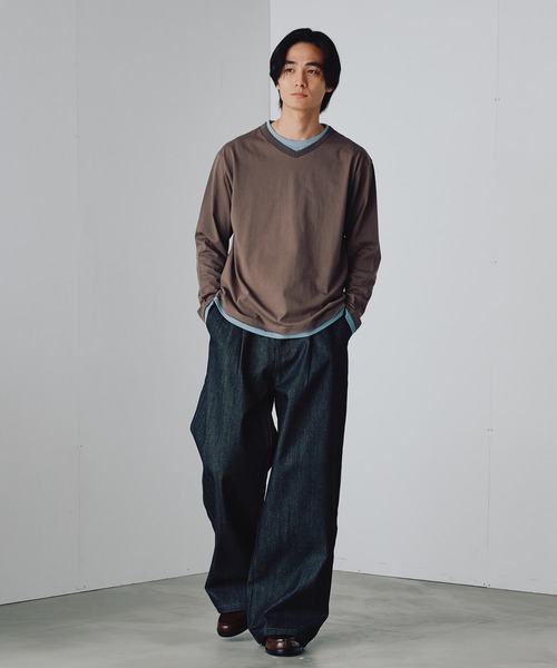 Adoon plain（アドーンプレーン）の「Shallow V-Neck Long Sleeve T / 浅VネックレイヤードライクロンT（Tシャツ/カットソー・メンズ・ネイビー/ブラウン/チャコールグレー・MEDIUM/LARGE）」の11枚目の写真