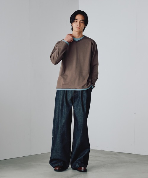 Adoon plain（アドーンプレーン）の「Shallow V-Neck Long Sleeve T / 浅VネックレイヤードライクロンT（Tシャツ/カットソー・メンズ・ネイビー/ブラウン/チャコールグレー・MEDIUM/LARGE）」の14枚目の写真