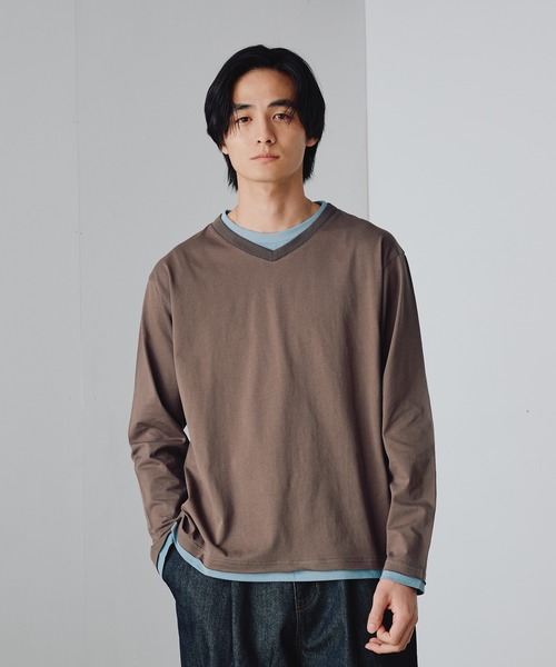 Adoon plain（アドーンプレーン）の「Shallow V-Neck Long Sleeve T / 浅VネックレイヤードライクロンT（Tシャツ/カットソー・メンズ・ネイビー/ブラウン/チャコールグレー・MEDIUM/LARGE）」の18枚目の写真