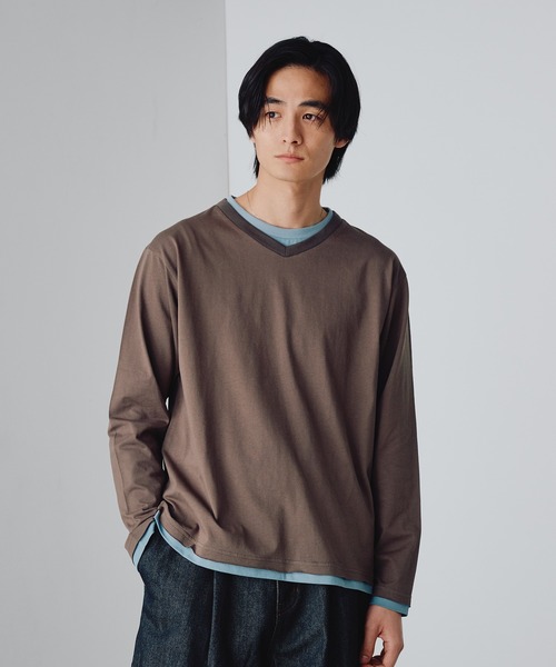 Adoon plain（アドーンプレーン）の「Shallow V-Neck Long Sleeve T / 浅VネックレイヤードライクロンT（Tシャツ/カットソー・メンズ・ネイビー/ブラウン/チャコールグレー・MEDIUM/LARGE）」の19枚目の写真