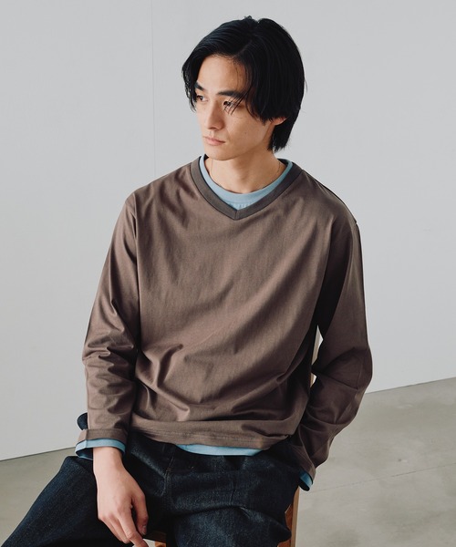 Adoon plain（アドーンプレーン）の「Shallow V-Neck Long Sleeve T / 浅VネックレイヤードライクロンT（Tシャツ/カットソー・メンズ・ネイビー/ブラウン/チャコールグレー・MEDIUM/LARGE）」の21枚目の写真