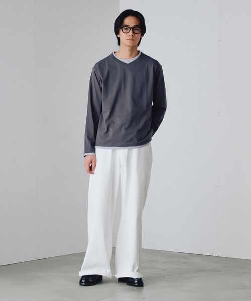Adoon plain（アドーンプレーン）の「Shallow V-Neck Long Sleeve T / 浅VネックレイヤードライクロンT（Tシャツ/カットソー・メンズ・ネイビー/ブラウン/チャコールグレー・MEDIUM/LARGE）」の22枚目の写真