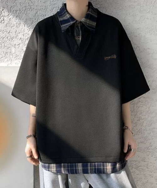 link lot(リンクロット)の「チェックフェイクレイヤードワンポイント刺繍キーネックスウェットポロシャツ(ポロシャツ・メンズ・ブラック/グレー・M)」の6枚目の写真