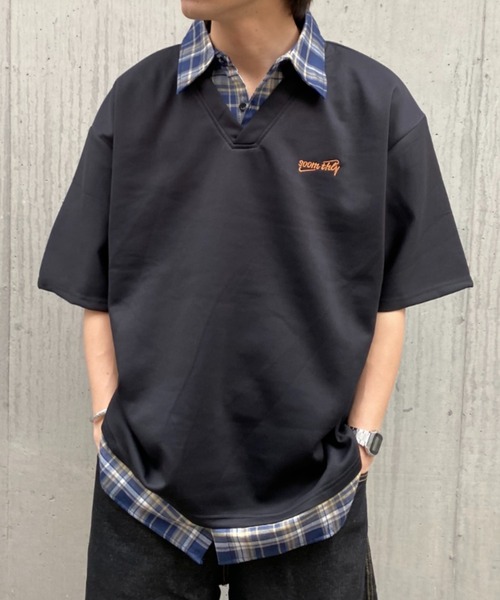 link lot(リンクロット)の「チェックフェイクレイヤードワンポイント刺繍キーネックスウェットポロシャツ(ポロシャツ・メンズ・ブラック/グレー・M)」の14枚目の写真