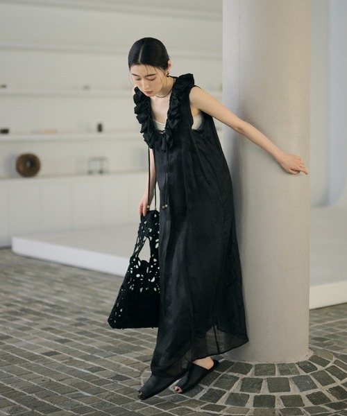 ramie ruffle neck frill sleeveless long dress /ラミー ラッフル
