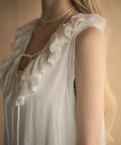 LAULEN(ローレン)の「ramie ruffle neck frill sleeveless long dress /ラミー ラッフルネック レースアップノースリーブワンピース(ワンピース・レディース・ホワイト/ブラック・FREE)」の20枚目の写真