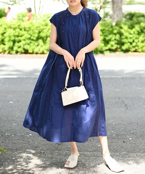 ＆HALF（アンドハーフ）の「【indian Cotton Collection】レース切替ロングシャツ（インド綿.インドコットン.コットン100%,綿100%）（シャツ/ブラウス・レディース・ダークブルー/ブラック/オフホワイト・FREE）」の3枚目の写真