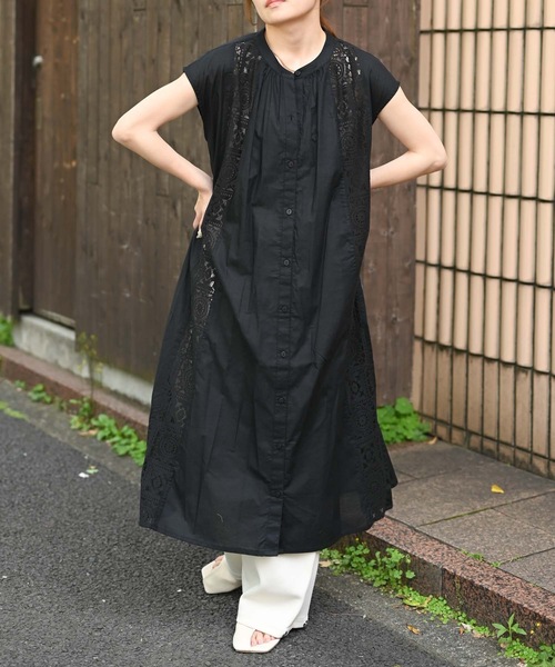 ＆HALF（アンドハーフ）の「【indian Cotton Collection】レース切替ロングシャツ（インド綿.インドコットン.コットン100%,綿100%）（シャツ/ブラウス・レディース・ダークブルー/ブラック/オフホワイト・FREE）」の6枚目の写真