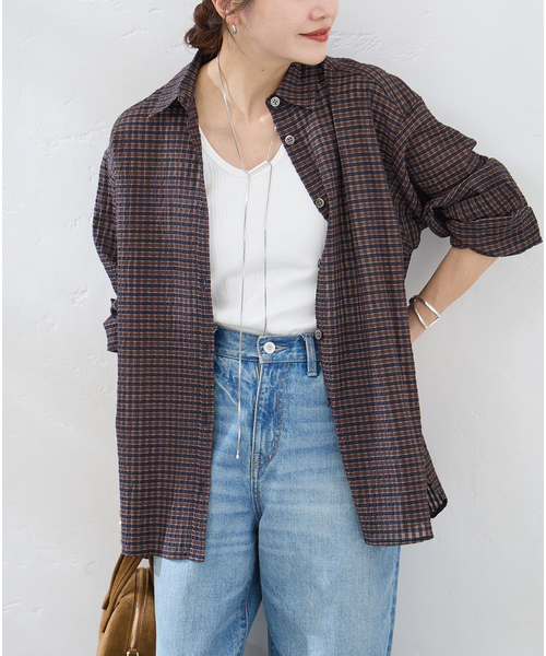 JOURNAL STANDARD(ジャーナルスタンダード)の「シアーチェックオーバーシャツ(シャツ/ブラウス・レディース・ブラウン/ホワイト×ホワイト・FREE)」の6枚目の写真