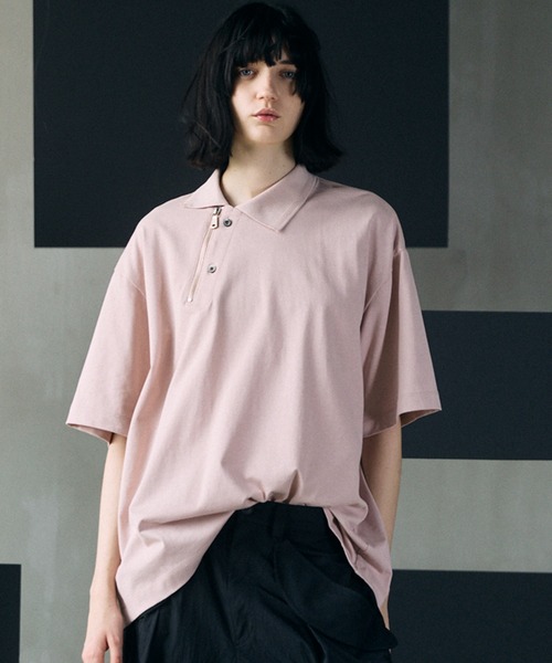 UNISEX》Asymmetrical Front Zip Prime-Over Short Sleeve Polo Shirt