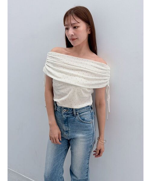 LAGUNAMOON(ラグナムーン)の「テキタイルオフショルドロストトップス(Tシャツ/カットソー・レディース・グリーン/ブラック/ベージュ/アイボリー・FREE)」の14枚目の写真