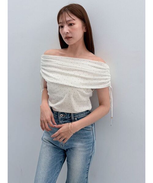 LAGUNAMOON(ラグナムーン)の「テキタイルオフショルドロストトップス(Tシャツ/カットソー・レディース・グリーン/ブラック/ベージュ/アイボリー・FREE)」の15枚目の写真