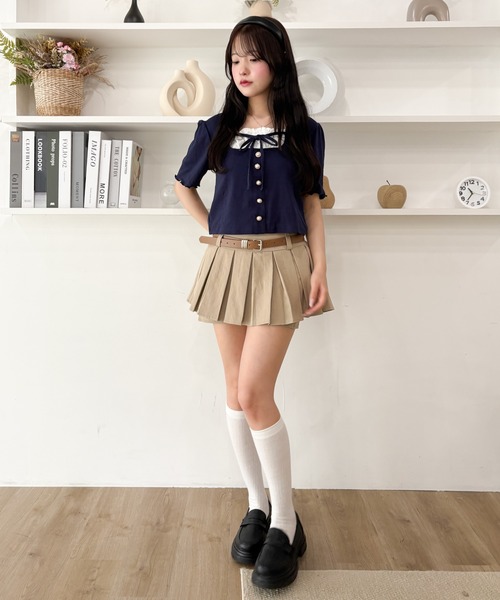 WEGO（ウィゴー）の「WEGO/パールボタンフリルキリカエトップス（Tシャツ/カットソー・レディース・ネイビー/アイボリー/グレー・FREE）」の4枚目の写真