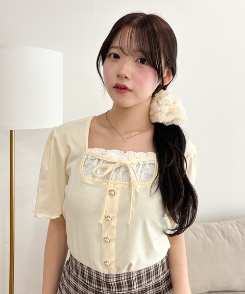WEGO（ウィゴー）の「WEGO/パールボタンフリルキリカエトップス（Tシャツ/カットソー・レディース・ネイビー/アイボリー/グレー・FREE）」の10枚目の写真
