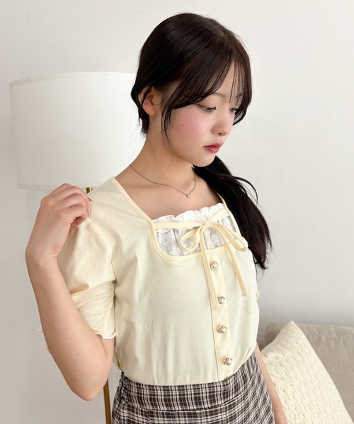 WEGO（ウィゴー）の「WEGO/パールボタンフリルキリカエトップス（Tシャツ/カットソー・レディース・ネイビー/アイボリー/グレー・FREE）」の12枚目の写真