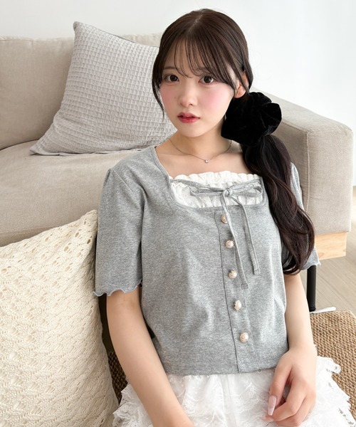 WEGO（ウィゴー）の「WEGO/パールボタンフリルキリカエトップス（Tシャツ/カットソー・レディース・ネイビー/アイボリー/グレー・FREE）」の18枚目の写真