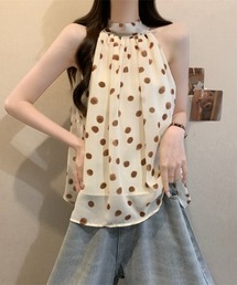 ドット柄ハイネックギャザーノースリーブブラウス