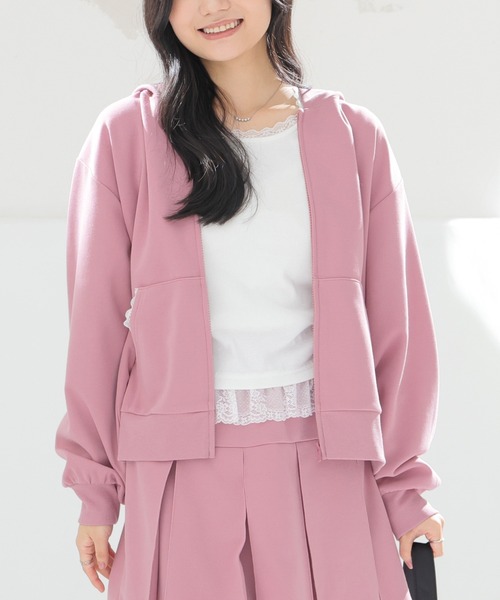 Honeys(ハニーズ)の「レース付ジップパーカー(パーカー・レディース・ピンク/ブラック/杢グレー・M/LL/L/S/3L)」の3枚目の写真