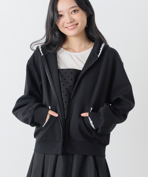Honeys(ハニーズ)の「レース付ジップパーカー(パーカー・レディース・ピンク/ブラック/杢グレー・M/LL/L/S/3L)」の6枚目の写真