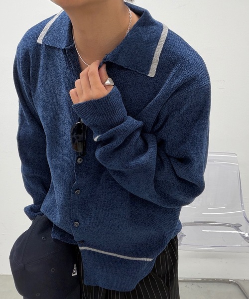 UNDERSTATEMENTs(アンダーステイトメント)の「【ユニセックス】配色ベロアタッチニットシャツ(ニット/セーター・メンズ・ネイビー/ブラック・MEDIUM/LARGE)」の3枚目の写真