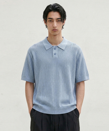 男性 夏 半袖 カラー ネック ニット (スカイブルー) (HC4SKA1)