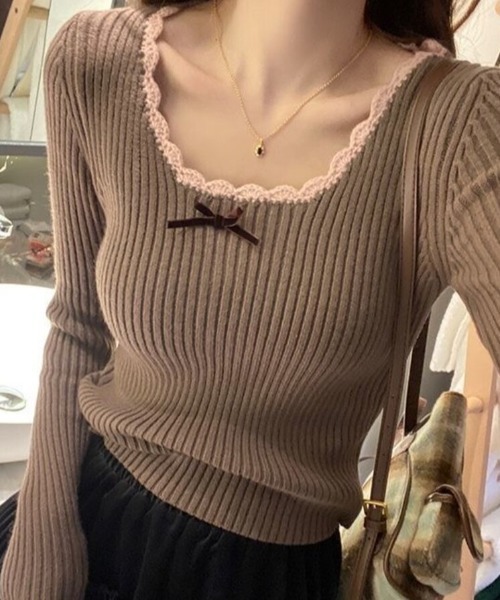 Beststore(ベストストア)の「【秋冬】フリル タイトリブニット 長袖 胸元リボン付き レトロ ガーリー(ニット/セーター・レディース・アイボリー/ブラウン/ブラック・FREE)」の15枚目の写真